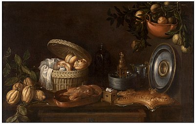 Baked food, metallic kitchenware, and fruits on branches. Still Life by Tomás Yepes; 1668, 102 × 157 cm, Prado Museum.