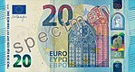 Recto of 20 euro banknote (series ES2) with holographic foil over the window (upper right side) (paper substrate)