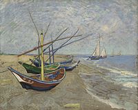 Vid havets kant fyra båtar på vattnet i bakgrunden; i förgrunden är fyra båtar på den torra sanden på stranden eller Fiskebåtar på stranden vid Saintes-Maries, juni 1888. van Gogh-museet, Amsterdam.