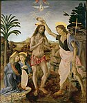 『キリストの洗礼』 画面左端の天使と遠景などをレオナルドが、それ以外をヴェロッキオが描いた。この2人以外の手も認められるので、3人以上の手による合作である[23]。