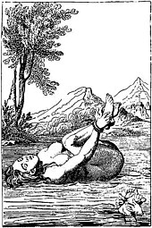 Engraving of a naked woman with hands tied to feet floating on her back as a trial by ordeal for being a witch