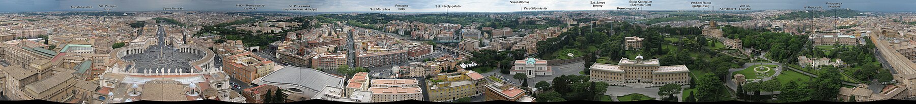A Vatikán és Róma 360 fokos panorámaképe a Szent-Péter bazilika tetejéről, magyar nyelvű feliratokkal