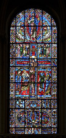 A rare and remarkable survival, of "unforgettable beauty", the very large Crucifixion window of Poitiers Cathedral, France.