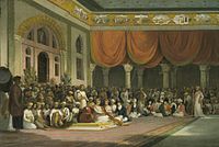 Painting of East India Company employees and an Indian ruler signing a treaty in his palace.