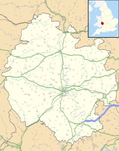 Map of Herefordshire, with a red dot showing the location of Leominster
