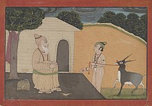 La tradizionale relazione guru-discepolo. Acquerello, colline del Punjab, India, 1740