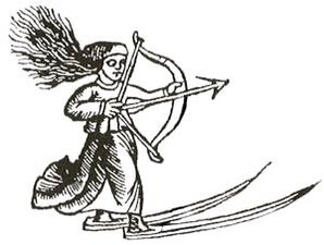Una de las primeras imágenes de una esquiadora: una mujer sami o diosa cazando en esquís por Olaus Magnus (1553).