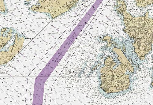 Zeekaart van Prince William Sound waar de Exxon Valdez aan de grond liep.