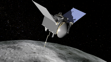 Vue d'artiste de la sonde OSIRIS-REx avec système de prélèvement TAGSAM déployé.