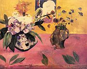 Paul Gauguin, Nature morte à l'estampe japonaise (Flores contra um fundo amarelo), 1889, óleo sobre tela, 72,4 × 93,7 cm, Museu de Arte Contemporânea, Teerã