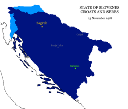 The State of Slovenes, Croats and Serbs in 1918. Istria was a disputed area, officially ceded to Italy by the Treaty of Rapallo. Southern Carinthia and Lower Styria were also disputed areas, with the Treaty of Saint-Germain demarcating the border of the newly-created Kingdom of Serbs, Croats and Slovenes with Austria.