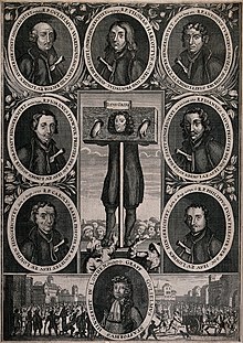 A man wearing a long wig stands in the pillory, while surrounded by portraits of eight other men.