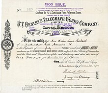 Vorzugsaktie der W.T. Henley’s Telegraph Works Company, ausgestellt am 23. November 1900, im Original unterschrieben von Henry Morton Stanley als Vorstandsmitglied. Das Werk von William Thomas Henley, einem Pionier in der Herstellung von Telegrafenkabeln, ernannte den Afrikaforscher Stanley im Jahre 1900 zum Direktor. Er behielt diesen Posten bis zu seinem Tode.