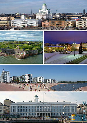 အပေါ်-လက်ဝဲမှ: Helsinki Cathedral, Suomenlinna, Senate Square, Aurinkolahti beach, မြို့ Hall