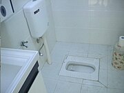 Porcelain squat toilet with water tank for flushing (Wuhan, China)