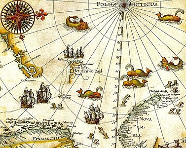 Porción del mapa de 1599 de la exploración del ártico realizada por el explorador neerlandés Willem Barentsz. Spitsbergen, aparece en el mapa (por primera vez) como Het Nieuwe Land (en neerlandés "la tierra nueva"), en la parte central a la izquierda.