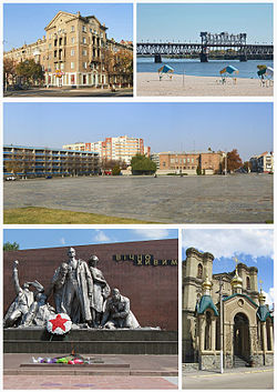 Top left: Soborna Street, Top right: Dnipro River and Kryukov Bridge, Center: Victory Square, Bottom left: Memorial of Vichno Zhyvym, Bottom right: Saint Nicolas Church