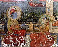 クリシュナとその妻ルクミニーの壁画。1840年頃