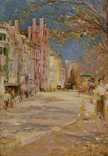 A bright painting of a Boston street scene, rendered with blurred impressionistic strokes. A woman pushes a baby carriage along a sidewalk in the foreground, and in the background several carts, store fronts, and people walking on the opposite side of the street are visible. Leafy trees stretch into the visible, blue sky from the right side of the painting.