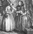 Image 13A detail from plate 1 of William Hogarth's (1697–1764) The Harlot's Progress, showing brothel-keeper Elizabeth Needham, on the right, procuring a young woman who has just arrived in London (from Prostitution)
