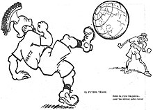 Spanish satirical cartoon published in November 1918 depicting a "tragic game of football" between Mars, Greek god of war, and the Spanish Flu. There is a short poem as a caption which roughly translates to English as "Between flu and war, look at how they've left her, our poor Earth"