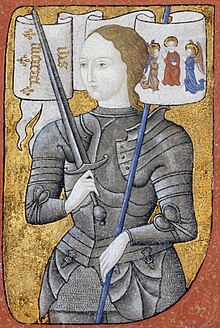 Hình ảnh một phụ nữ mặc giáp sắt, cầm gươm và cờ hiệu.