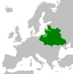 เขตแดนเครือจักรภพโปแลนด์-ลิทัวเนีย (เขียว) กับรัฐบริวาร (เขียวอ่อน) ในช่วงสูงสุดเมื่อ ค.ศ. 1619