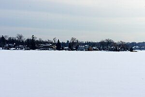 Houses along Pine Lake in the winter