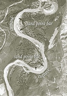 Aerial photograph of a meandering river