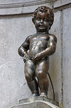 The Manneken Pis in Brussels, Belgium. The original bronze statue was created by Jerome Duquesnoy, 1619.