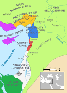 Four crusaders states surrounded by Muslim states, and the Byzantine territories in Asia Minor