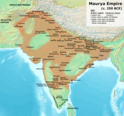 Territories of the Maurya Empire conceptualized as core areas or linear networks separated by large autonomous regions in the works of scholars such as: historians Hermann Kulke and Dietmar Rothermund;[1] Burton Stein;[2] David Ludden;[3] and Romila Thapar;[4] anthropologists Monica L. Smith[5] and Stanley Jeyaraja Tambiah;[4] archaeologist Robin Coningham;[4] and historical demographer Tim Dyson.[6]