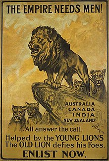 Affiche représentant un lion avec une épaisse crinière rugissant au sommet d'un rocher. Plusieurs lions plus petits et sans crinières l'entourent.