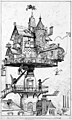 Image 7 Scientific romance Artist: Albert Robida A typical 20th-century aerial rotating house, as drawn by Albert Robida. The drawing shows a dwelling structure in the scientific romance style elevated above rooftops and designed to revolve and adjust in various directions. An occupant in the lower right points to an airship with a fish-shaped balloon in the sky, while a woman rides a bucket elevator on the left. Meanwhile, children fly a kite from the balcony as a dog watches from its rooftop doghouse. More selected pictures