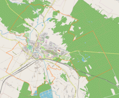 Mapa konturowa Staszowa, blisko centrum na lewo znajduje się punkt z opisem „Kościół pw.św. Bartłomieja”