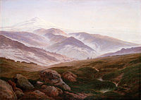The Giant Mountains (1830–1835). 72 × 102 cm. Alte Nationalgalerie, Berlin. Friedrich sought to explore the blissful enjoyment of a landscape as a reunion with the spiritual self through the contemplation of nature.[94]