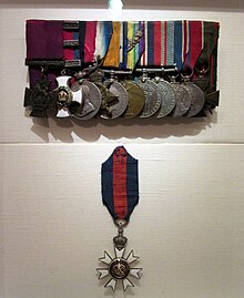 A group of eleven court mounted military medals are displayed in the top half, while a solitary twelfth (the CMG—worn around the neck) hangs below.