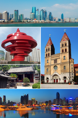 Clockwise from top left: Qingdao's skyline, St. Michael's Cathedral, Qingdao harbor, a temple at the base of Mount Lao, and May Fourth Square