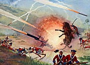 A painting showing the Mysorean army fighting the British forces with Mysorean rockets, which used metal cylinders to contain the combustion powder.[72]