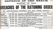 A document says "DEFENCE OF THE REALM", "MINISTRY OF FOOD", "BREACHES OF THE RATIONING ORDER", "The undermentioned convictions have been recently obtained", and a list of various offences committed and the punishments handed out.