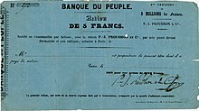 Aktie i Banque du Peuple grundlagt af Pierre-Joseph Proudhon den 31. januar 1849 med en nominel værdi på 5 francs, klar til udstedelse i februar 1849 og underskrevet af Proudhon selv
