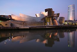 A side view of the Guggenheim Museum Bilbao.