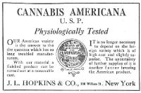 An advertisement for cannabis americana distributed by a pharmacist in New York in 1917