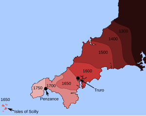 A colour-coded map of Cornwall, with the sea around it. Cornwall is dark red in the east and pale pink in the west, with a range of intermediate shades of red between, showing when people spoke the Cornish language. As time went on, fewer and fewer people in Cornwall spoke Cornish and only people in the west did.