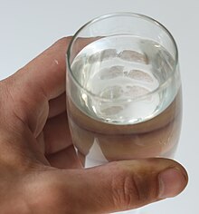 A hand holding a glass of water with fingerprints visible from the inside.