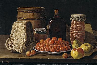 Cheese, barrel, glass bottle, fruits in decorative plate, storage jars and boxes. Still Life with Fruit and Cheese by Luis Egidio Meléndez; 1771, 41 × 62 cm, Prado Museum.