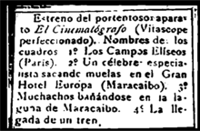 Newspaper clipping in Spanish announcing the showing of four films