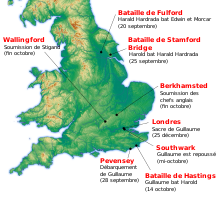 Carte montrant les batailles entre Harold Godwinson et Harald Hardrada au nord, ainsi que le débarquement de Guillaume le Conquérant au sud, sa victoire à Hastings et sa marche sur Londres.