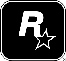 A capital "R" in white has a five-pointed, black star with a white outline appended to its lower-right end. They lay on a black square with a thick white border, a thin black outline, and rounded corners.