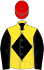 Yellow, black diamond and sleeves, red cap